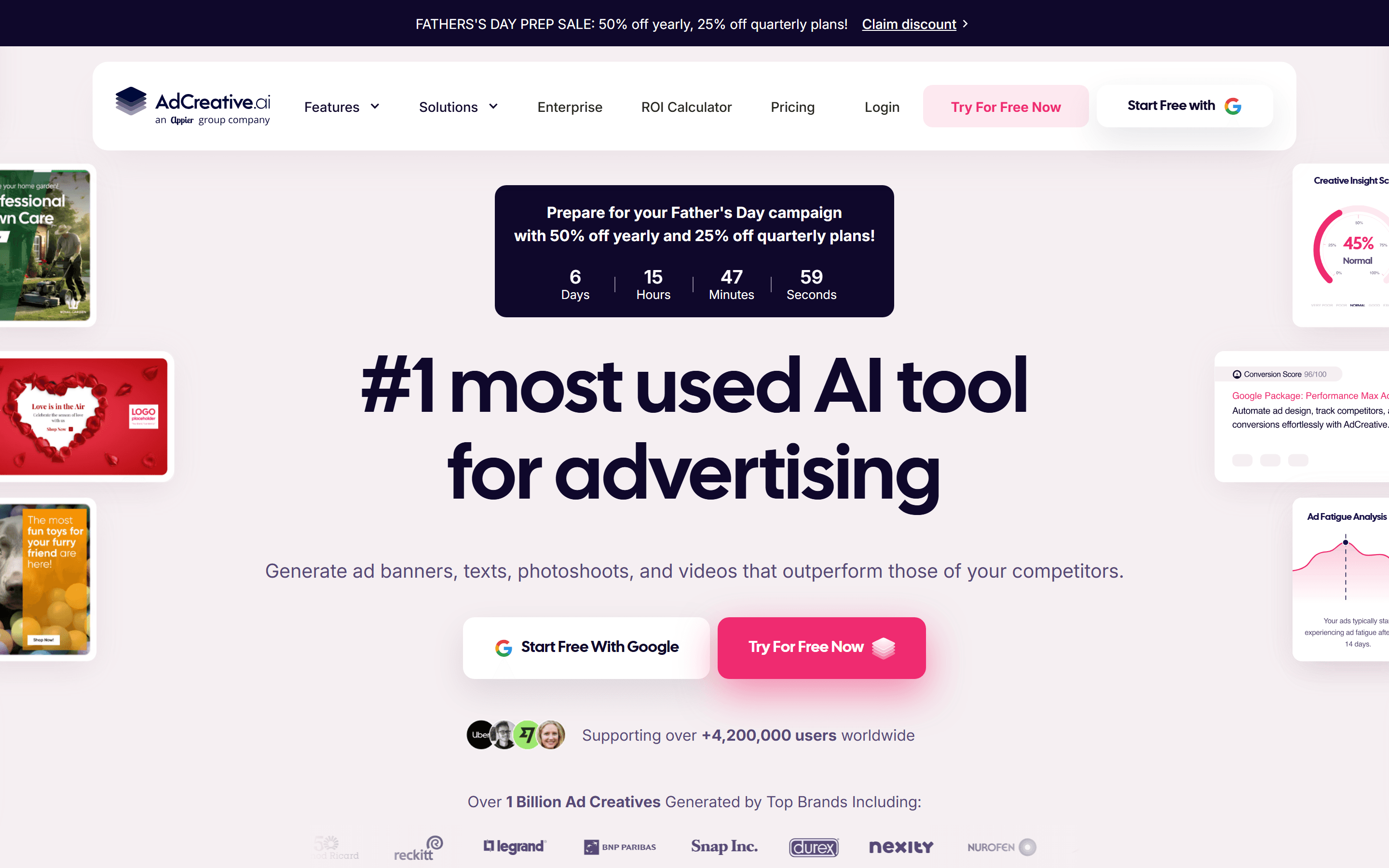 AdCreative.ai 2026 homepage — generated creative thumbnails on both sides of the '#1 most used AI tool for advertising' headline