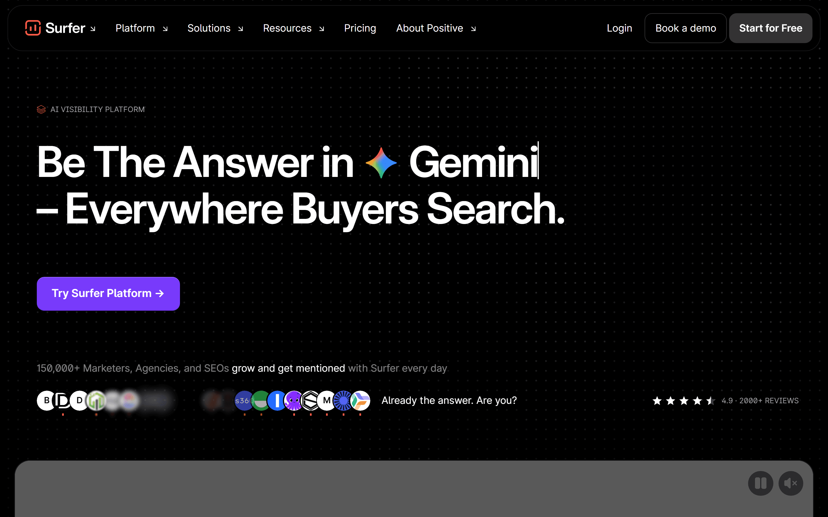 Surfer SEO 2026 homepage — AI Visibility Platform positioning, Content Editor entry point