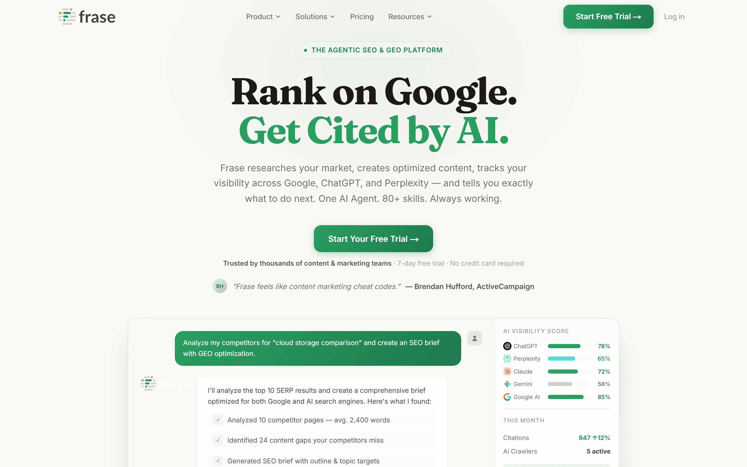 Frase homepage 2026 — agentic SEO and GEO platform, with the in-product brief view and the AI Visibility Score panel both visible
