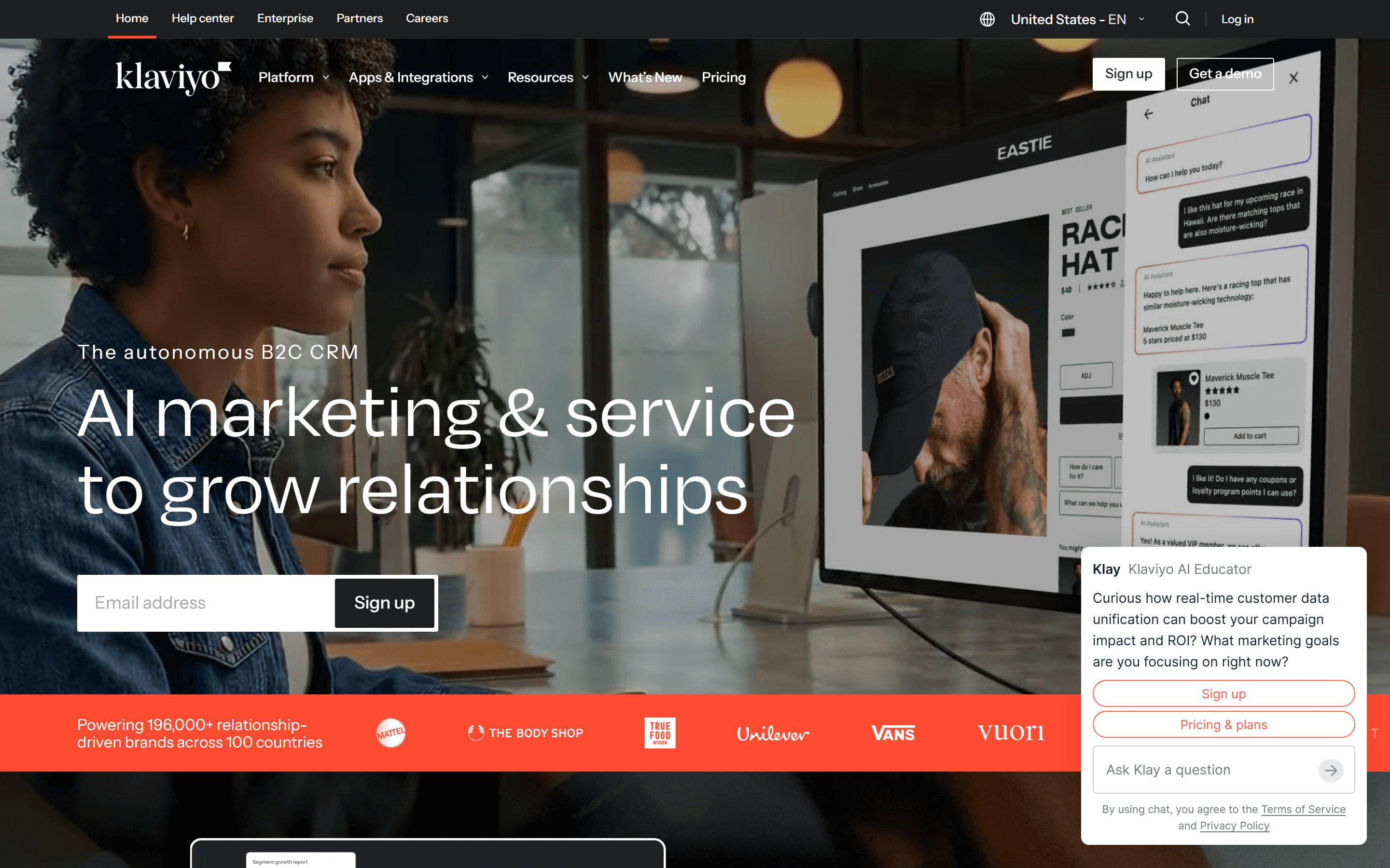 Klaviyo 2026 homepage — autonomous B2C CRM positioning with the product UI visible in the hero panel