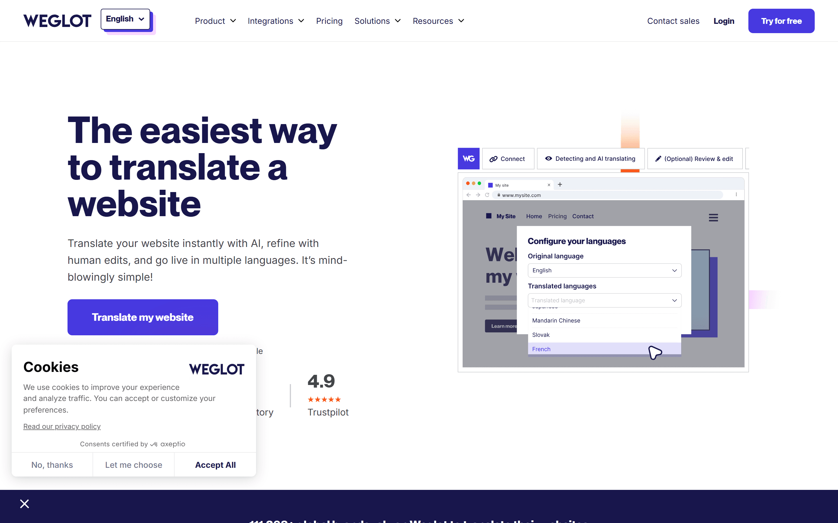 Weglot 2026 homepage — 'The easiest way to translate a website' with the in-context editor showing a translation configuration panel